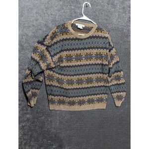 Knightsbridge Mens Fair Isle Sweater Large Brown Blue Crewneck Acrylic Rayon